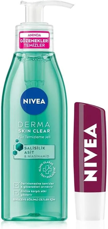NIVEA Derma Skin Clear Sivilce Karşıtı Yüz Temizleme Jeli 150ml, Salisilik Asit, Nisaniamid ve Böğürtlen Dudak Bakım Kremi ve Parlatıcısı 4.8gr, Nemlendirici, Hafif Bordo Işıltı — Cilt bakımı