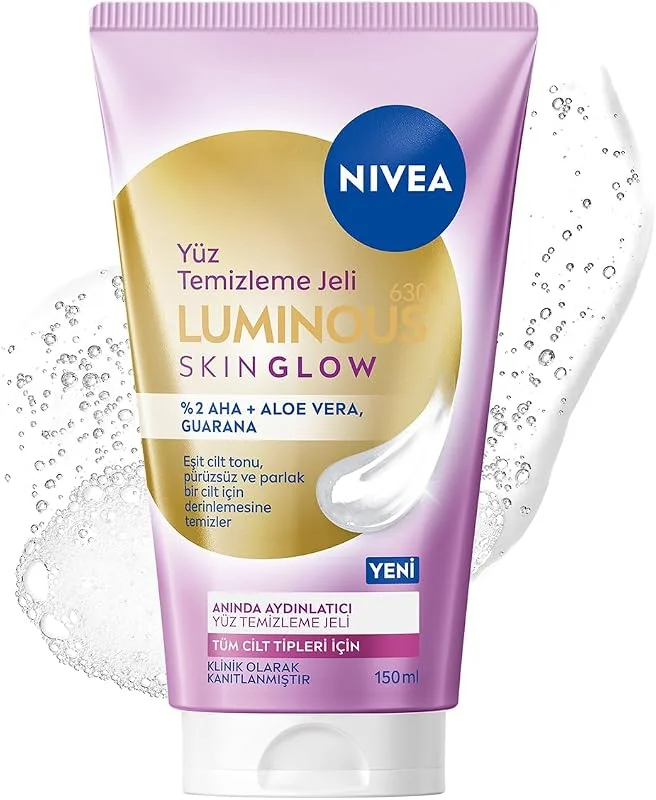 NIVEA Luminous630 Skin Glow Anında Aydınlatıcı Yüz Temizleme Jeli 150 ml, AHA, Aloe Vera, Pürüzsüzleştirici, Eşit Cilt Tonu, Parlak Cilt — Cilt bakımı