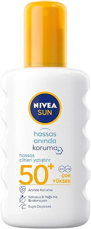 NIVEA SUN SPF50 Anında Güneş Koruyucu Sprey 200ml, Hassas Ciltler İçin Yatıştırıcı, UVA UVB Koruması — Cilt bakımı