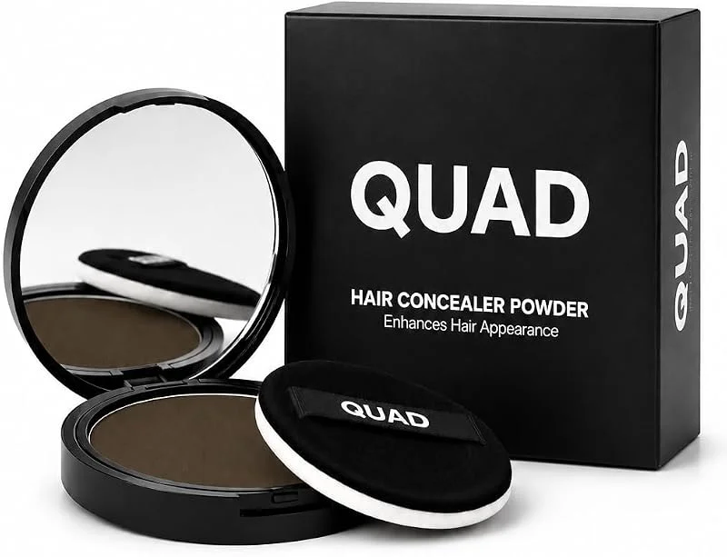 QUAD Unisex Saç ve Sakal Kapatıcı Dolgunlaştırıcı Pudra, Koyu Kahve, 12gr, Doğal Görünüm, Anında Hacim — Makyaj
