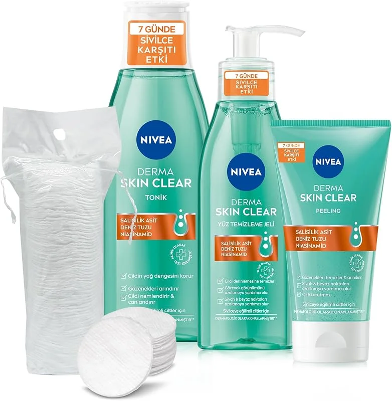NIVEA Derma Skin Clear Sivilce Karşıtı Yüz Temizleme Jeli 150ml, Tonik 200ml, Peeling 150ml, Yağlı Ciltler, Nisaniamid, Salisilik Asit, BHA, Gözenek Temizleyici, Siyah Nokta — Cilt bakımı