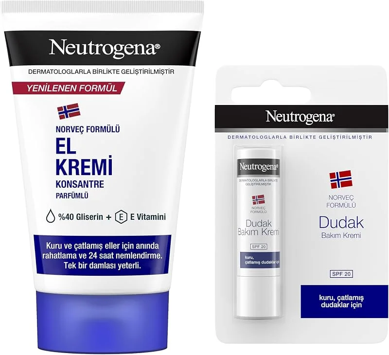 Neutrogena Parfümlü El Kremi 75 ml + Dudak Kremi SPF 20 (4, 8 g) — Parfümlü Onarıcı El Kremi — Kuru Dudaklar için Nemlendirici Balm — Cilt bakımı