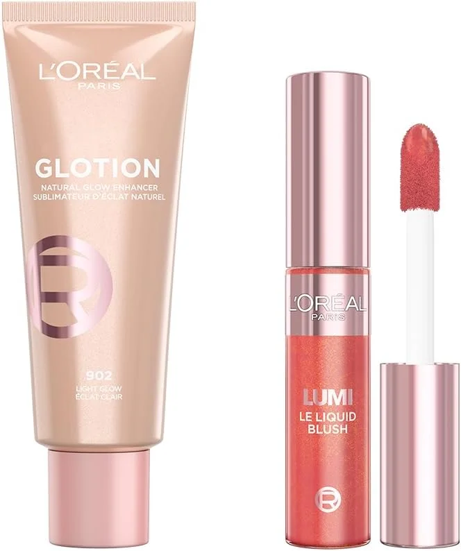 L'Oreal Paris Glotion 902 Highlighter Likit Aydınlatıcı & Lumi Blush Likit Allık - Glowy Worth It Medium — Makyaj