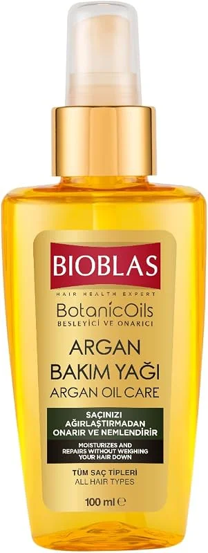 Bioblas Argan Yağlı Saç Bakım Yağı – Durulanmayan, Isıya Karşı Koruyucu, Onarıcı & Parlaklık Veren Serum, %100 Besleyici Etki, 100 ml — Saç bakımı