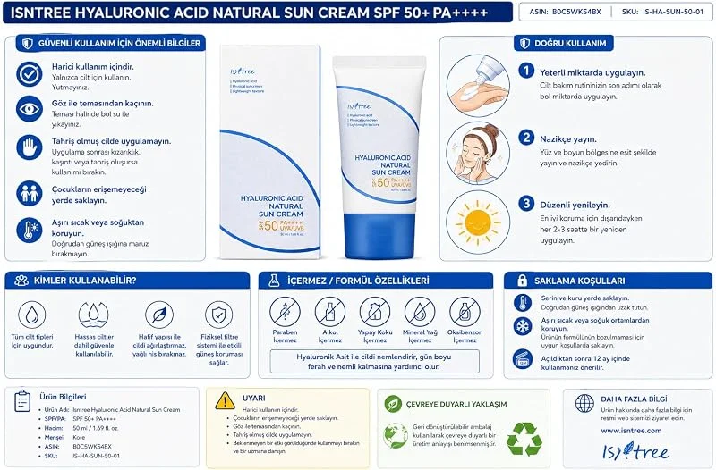 IsNtree Hyaluronik Asitli Doğal Güneş Kremi SPF50+ PA ++++ Fiziksel Nemlendirici Güneş Kremi, Nano Olmayan Güneş Kremi, Resif Güvenli (50ml) — Cilt bakımı