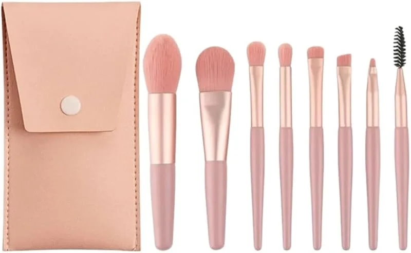 8'li Profesyonel Makyaj Fırça Seti, Rose Gold, Seyahat Çantalı, Göz ve Yüz Makyajı için