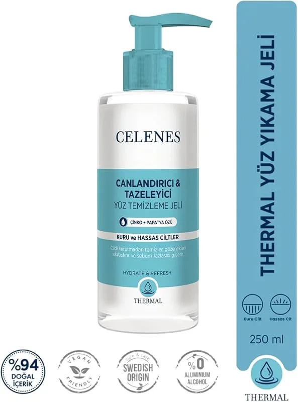 Celenes Nemlendirici Ve Canlandırıcı Thermal Yüz Temizleme Jeli Kuru Ve Hassas Ciltler 250 ml, 7350104248116 — Cilt bakımı