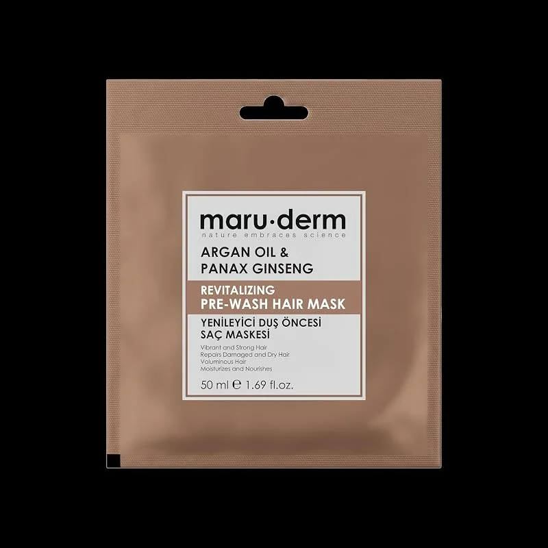 Maru.Derm Duş Öncesi Saç Maskesi, Argan Yağı ve Asya Ginsengi, Yenileyici, 50 ml — Saç bakımı