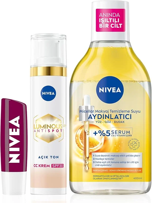 NIVEA Micellar Aydınlatıcı Makyaj Temizleme Suyu 400 ml+ Böğürtlen Dudak Bakım Kremi 4.8 gr + Luminous630 Leke Karşıtı Krem CC Fluid SPF30 Light 40ml — Cilt bakımı