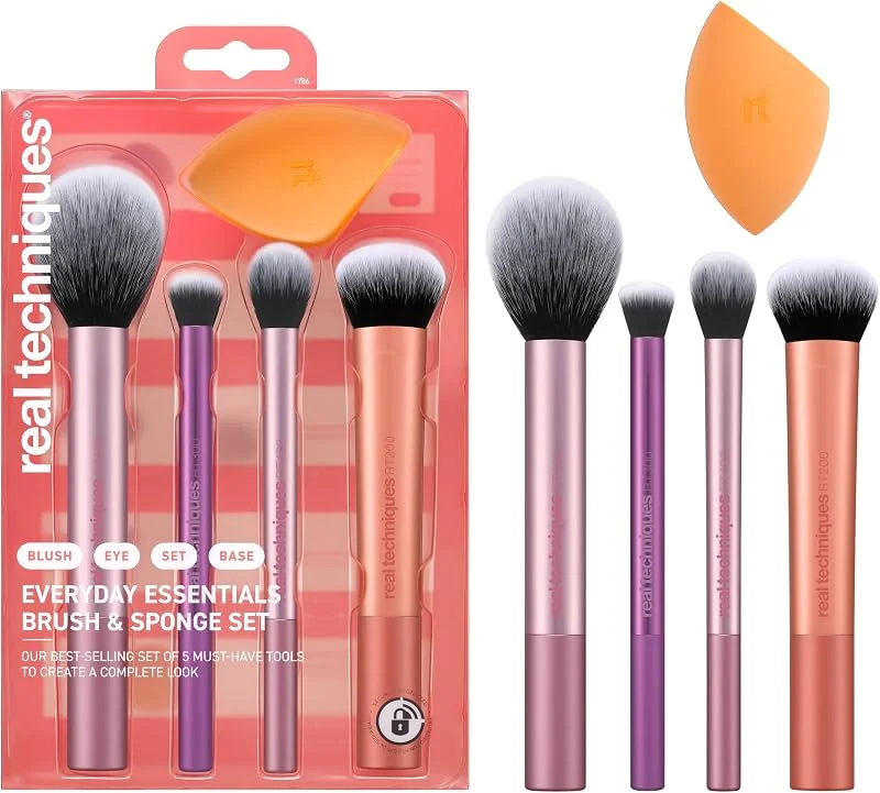 REAL TECHNIQUES Everyday Essentials makyaj fırçası, yüz için komple set (yüz süngeri, yüz, ruj, ayarlama ve delüks göz farı fırçası)