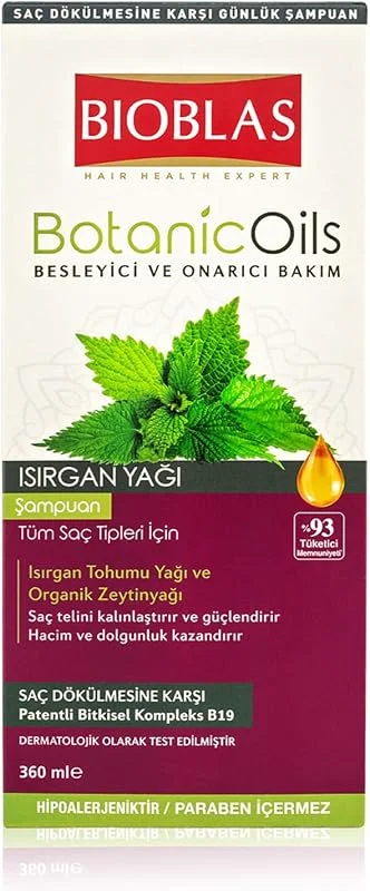 Bioblas Saç Dökülmesine Karşı Bitkisel Şampuan – Isırgan Tohumu Yağı & Zeytinyağı İçerikli, Dolgunlaştırıcı Etki, Kompleks B19, 360 ml — Saç bakımı