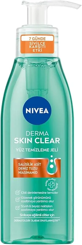 NIVEA Derma Skin Clear Sivilce Karşıtı Yüz Temizleme Jeli 150ml, Gözenek Arındırıcı, Gözenek Görünümünü, Siyah Noktaları Azaltır, Salisilik Asit, Niasinamid, Deniz Tuzu, Yağlı ve Karma Cilt — Cilt bakımı