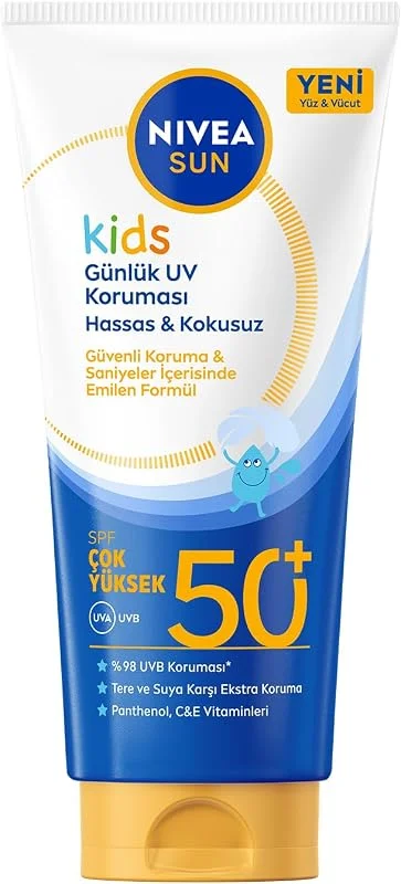 NIVEA SUN SPF50 Çok Yüksek Korumalı Çocuk Güneş Kremi 100 ml, Tere ve Suya Dayanıklı, C, E Vitamini — Cilt bakımı
