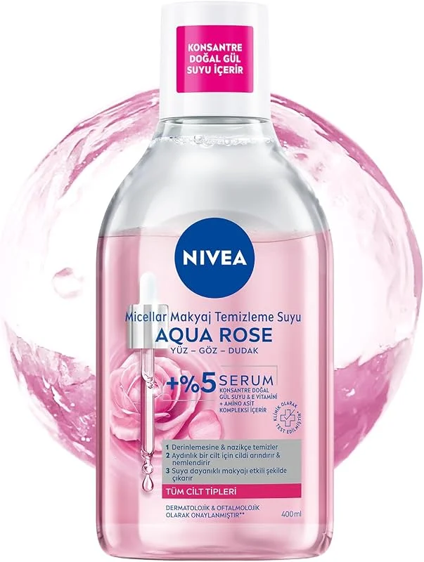 NIVEA Aqua Rose Gül Suyu ve Serum İçeren Çift Fazlı Micellar Makyaj Temizleme Suyu 400ml, Yüz Göz Dudak, SPF Filtrelerini Temizler — Cilt bakımı