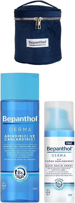 Bepanthol Derma Yüz Temizleme Jeli 200ml + Yoğun Nemlendirici Gece Bakım Kremi 50ml + Kadife Çanta Hediye — Cilt bakımı