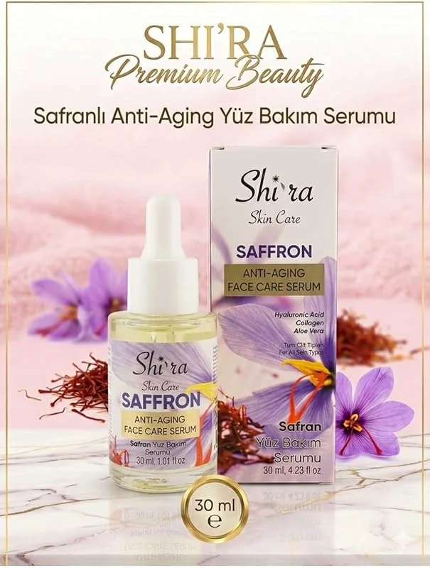 Shi'ra Safranlı Anti-Aging Yüz Bakım Serumu, 30 ml, Hyaluronik Asit ve Kolajen Destekli — Cilt bakımı