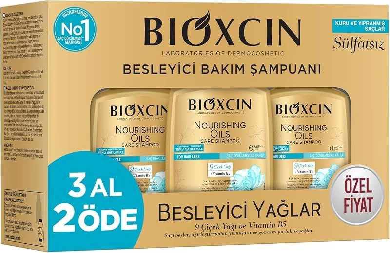 Bioxcin Besleyici Yağlar Şampuan 3 x 300 ml – Kuru ve Yıpranmış Saçlar İçin, 9 Çiçek Yağı, Pantenol ve BioComplex B11 İçerikli, Sülfatsız — Saç bakımı