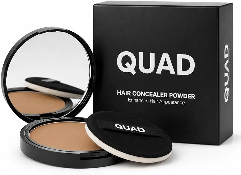 QUAD Unisex Saç ve Sakal Kapatıcı Dolgunlaştırıcı Pudra, Açık Kahve, 12gr, Doğal Görünüm, Anında Hacim — Makyaj