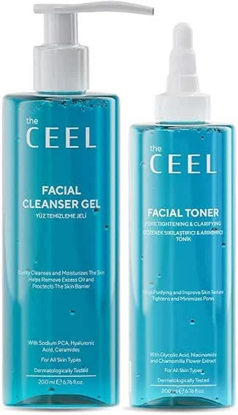 The Ceel Yüz Bakım Seti - Seramid Etkili Yüz Temizleme Jeli 200 ml & Mayıs Papatyası Özlü Yüz Toniği 200 ml, Hyaluronik Asit, Panthenol, AHA & Niasinamid İçeren Günlük Cilt Bakım Seti — Cilt bakımı