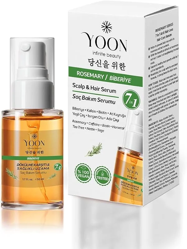 YOON Vegan Biberiye Saç Bakım Serumu - Saç Dökülme Karşıtı, Hızlı Saç Uzatan, Sülfat, Paraben ve Silikon İçermeyen, 7 Doğal Aktif İçerikli, Besleyici ve Güçlendirici Saç ve Saç Derisi Serumu 50ml — Saç bakımı