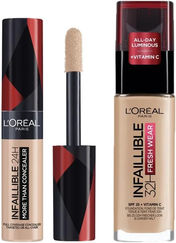 L’Oréal Paris Infaillible 32H Fresh Wear C Vitaminli Fondöten - 125 Natural Beige + Infaillible Tüm Yüze Uygulanabilir Kapatıcı 322 Ivory — Makyaj