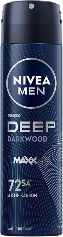 NIVEA MEN Erkek Sprey Deodorant Deep Darkwood 150ml, 72 Saat Anti-Perspirant Ter ve Ter Kokusuna Karşı Koruma, Maskülen Koku, Aktif Karbon — Cilt bakımı
