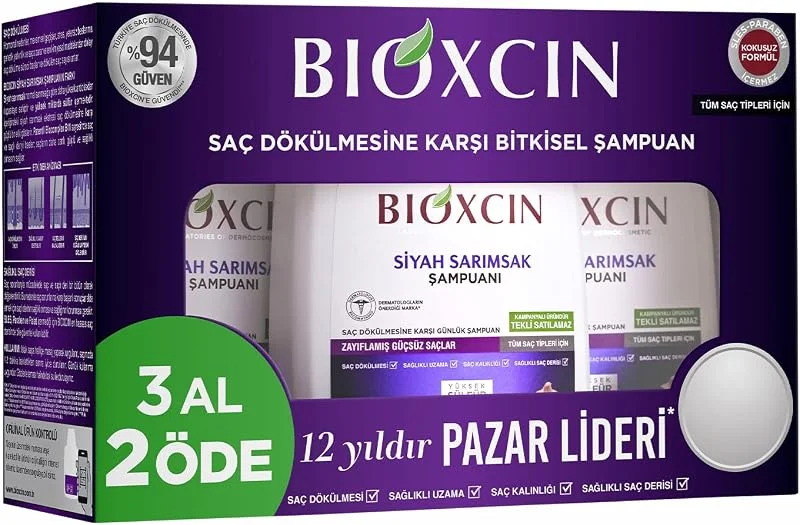 Bioxcin Siyah Sarımsak Şampuan 3 x 300 ml – Saç Dökülmesine Karşı, BioComplex B11 ve Bitki Ekstreli Güçlendirici Formül – 3 Al 2 Öde — Cilt bakımı