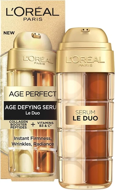 L'Oréal Paris Yaşlanma karşıtı serum, tüm cilt tipleri için, çift etki, sıkılaştırıcı ve açıcı, yumuşak ve beslenmiş cilt, kırışıklık yok, kolajen ve B3 ve C vitaminleri ile, Age Perfect, 30 m — Cilt bakımı