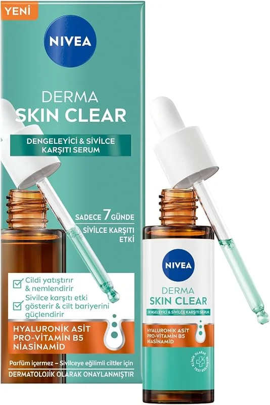 NIVEA Derma Skin Clear Dengeleyici ve Sivilce Karşıtı Serum 30ml, Cildi Yatıştırır, Komedojenik Değildir, Niasinamid, Hyaluronik Asit, Pro Vitamin B5, Yağlı, Karma Cilt — Cilt bakımı
