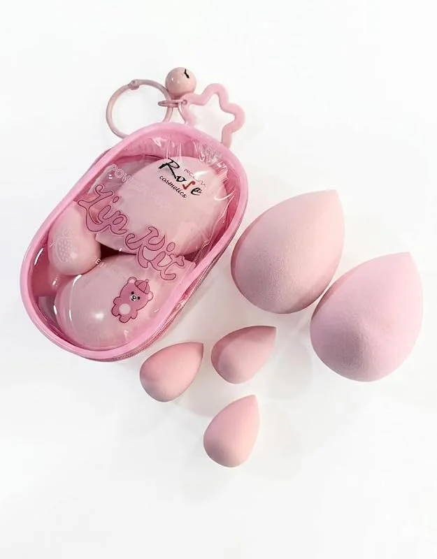 Rose Cosmetics 5'li Pembe Makyaj Süngeri Seti - Özel Fermuarlı Yıldız Anahtarlıklı Çanta Dahil - Fondöten, Kapatıcı ve Aydınlatıcı için Yumuşak Damla Süngerler - Kawaii Makyaj Aksesuarı