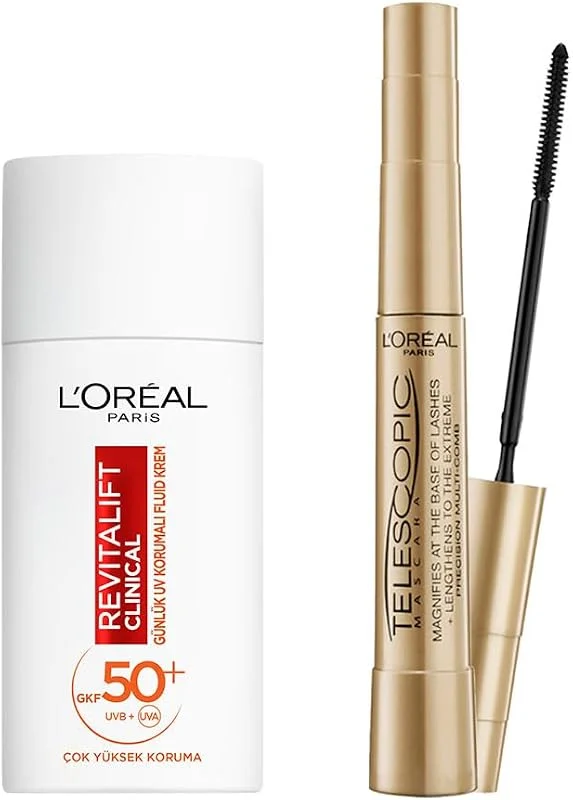 L’Oréal Paris Telescopic Maskara - Siyah & Revitalift Clinical SPF 50+ Günlük Yüksek UV Korumalı Yüz Güneş Kremi 50 ml Set — Makyaj