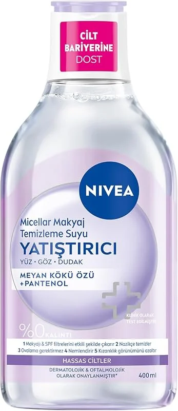 NIVEA Yatıştırıcı Micellar Makyaj Temizleme Suyu 400 ml, Nemlendirici, SPF Filtrelerini Temizler, Yüz, Göz, Dudak İçin, Hassas Ciltler — Cilt bakımı