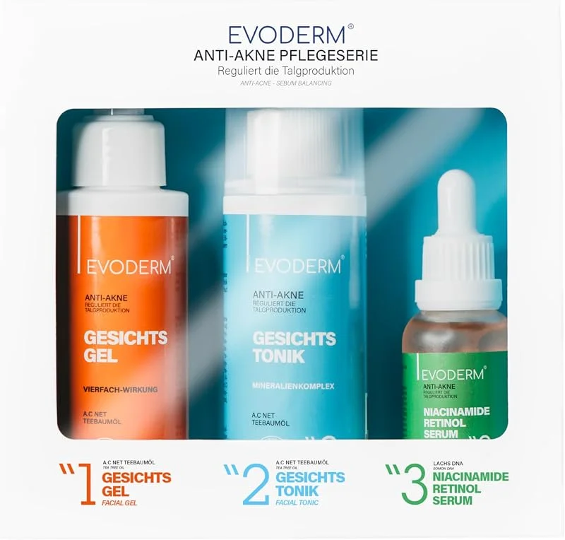 EVODERM Cilt Bakım Seti – Yüz Temizleme Jeli, Toner ve Niacinamide Retinol Serum – Gözeneklerin Derinlemesine Temizlenmesi, Parlayan Cilt ve Yaşlanma Karşıtı Etkisi için 3 Parçalı Bakım Seti — Cilt bakımı