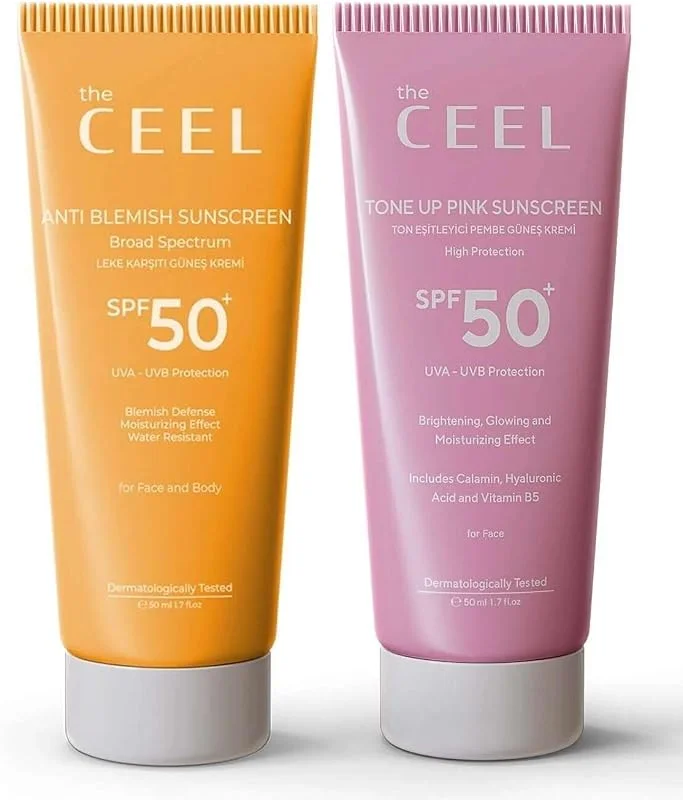 The Ceel SPF 50+ Güneş Kremi Seti - Leke Görünümü Karşıtı Güneş Kremi 50 ml ve Ton Eşitleyici Pembe Güneş Kremi 50 ml, UVA UVB Koruyucu Günlük Yüz Bakım Seti — Cilt bakımı