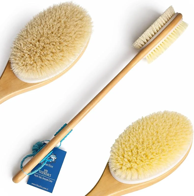 Bluefox Sırt ve Vücut Temizleme Fırçası - 2 Taraflı Sert & Yumuşak Lifli, Bambu Uzun Saplı (43cm), Ölü Deri ve Gözenek Temizleyici, Pürüzsüz ve Canlı Cilt İçin İdeal — Makyaj