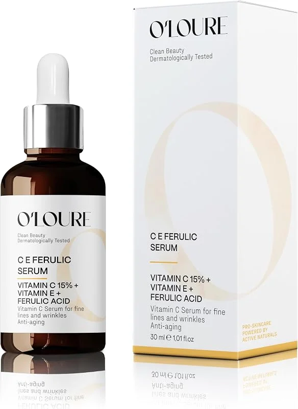 O'LOURE C E Ferulic Serum, %15 C Vitamini İçeren Aydınlatıcı, Yaşlanma Karşıtı, Ton Eşitleyici Cilt Serumu Yüz ve Boyun Bölgesi için, Parfümsüz, Vegan, 30 ML — Cilt bakımı