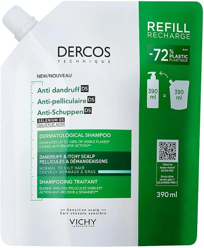 Vichy Dercos kepek DS, dermatolojik kepek şampuanı, normal ila yağlı saç derisi ve yağlı saçlar için, nüks önleyici etki, selenyum DS ve salisilik asitli, dolum paketi, 390 ml — Saç bakımı