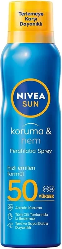 NIVEA SUN SPF50 Güneş Koruyucu ve Ferahlatıcı Vücut Spreyi 200ml, Suya ve Tere Dayanıklı, Beyaz İz Bırakmaz — Cilt bakımı