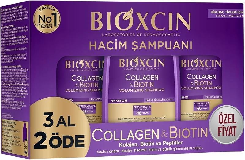 Bioxcin Collagen & Biotin Hacim Şampuanı, 3 x 300 ml, İnce Telli ve Hacimsiz Saçlar İçin, Hidrolize Kolajen + Biotin + BioComplex B11 — Cilt bakımı