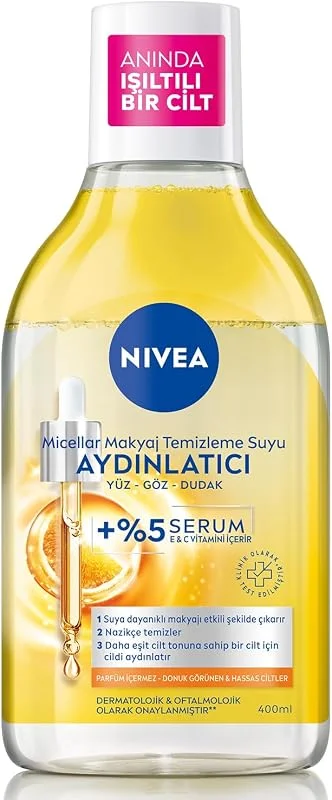 NIVEA Micellar Aydınlatıcı Makyaj Temizleme Suyu 400 ml, Suya Dayanıklı Makyajı Çıkarır, Ovalama Gerektirmez, Serum İçerikli, C Vitamini, E Vitamini — Cilt bakımı