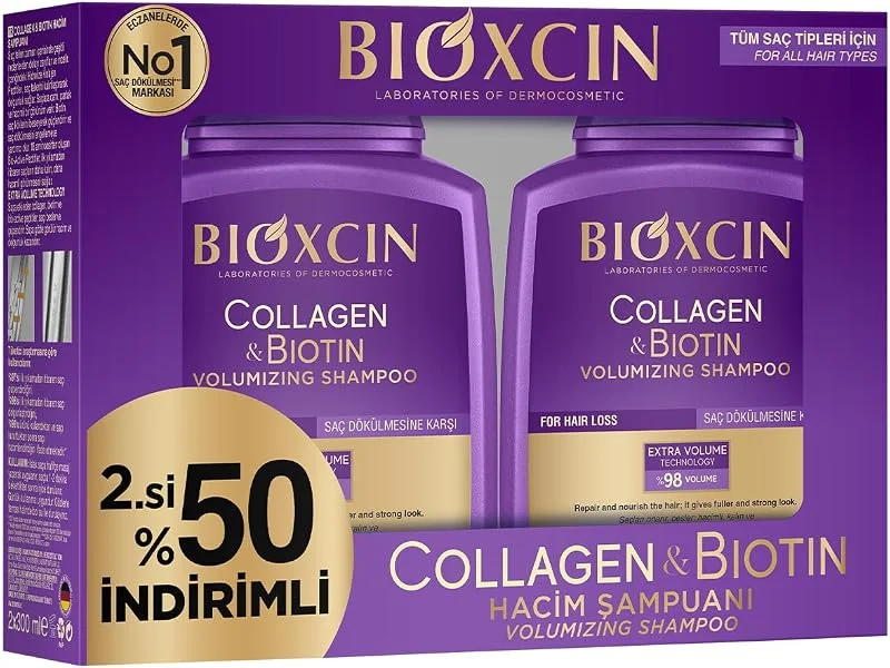 Bioxcin Collagen & Biotin Hacim Şampuanı, 2 x 300 ml, İnce ve Seyrek Saçlar İçin, Sülfatsız, Saç Dökülmesine Karşı, Dolgunluk Etkili — Cilt bakımı