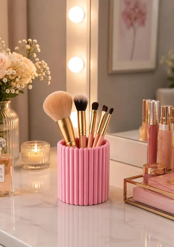 Pembe Çizgili Makyaj Fırçalık, Kozmetik Organizer ve Masaüstü Kalemlik