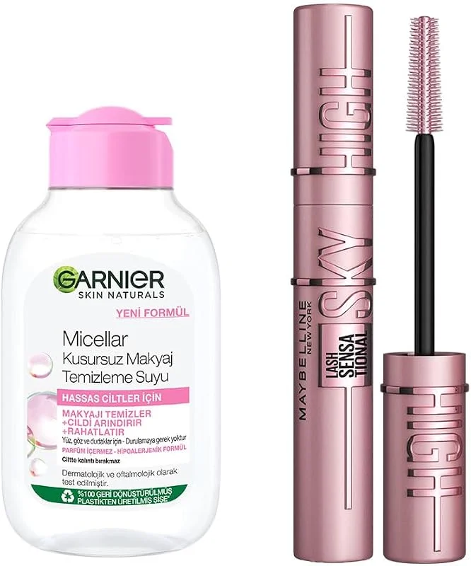 Garnier Skin Naturals Micellar Kusursuz Makyaj Temizleme Suyu (100 ml) & Maybelline New York Lash Sensational Sky High Maskara — Cilt bakımı