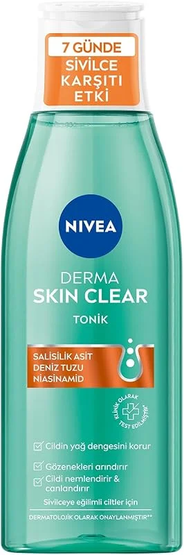 NIVEA Derma Skin Clear Sivilce Karşıtı Tonik 200ml, Gözenek Arındırıcı, Cildin Yağ Dengesini Korur, Nemlendirir, Salisilik Asit (BHA) Deniz Tuzu, Niasinamid, Sivilceye Eğilimli Ciltler — Cilt bakımı