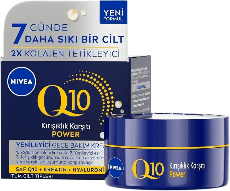 NIVEA Q10 Kırışıklık Karşıtı Gece Bakım Kremi 50 ml, Nemlendirici, Yenileyici, Kreatin, Hyaluronik Asit — Cilt bakımı