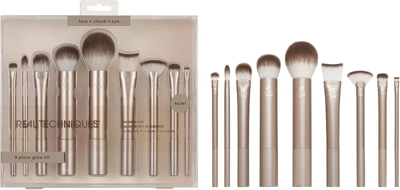 REAL TECHNIQUES Au Naturale makyaj fırçası seti, fondöten, pudralar ve kapatıcılar için, üstün kaliteli yüz fırçaları, 9 parçalı set, altın