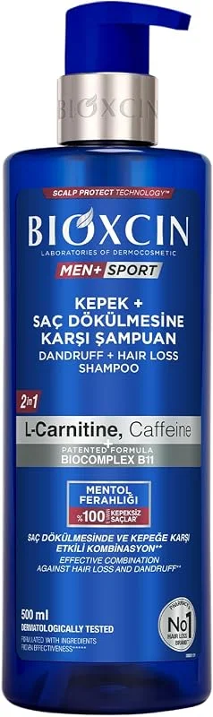 Bioxcin Men+ Sport Kepek + Saç Dökülmesine Karşı Şampuan, L-Carnitine, Kafein, BioComplex B11, 500 ml, Tüm Saç Tipleri İçin — Saç bakımı