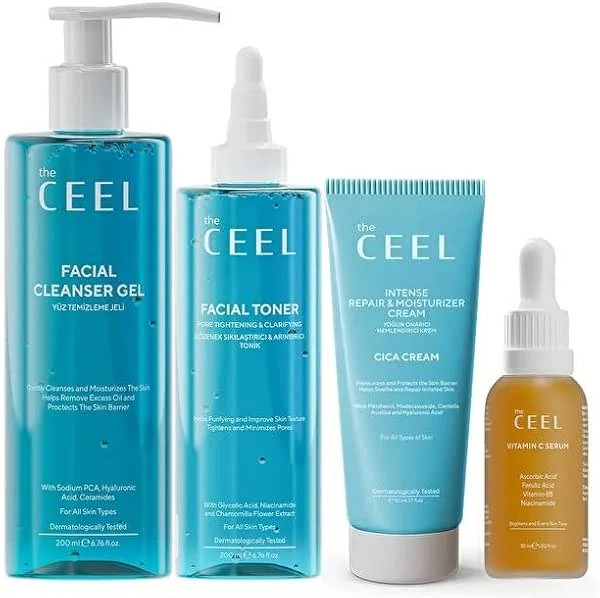 The Ceel 4'lü Leke Karşıtı ve Bariyer Onarıcı Cilt Bakım Seti, Seramidli Yüz Yıkama Jeli 200ml, AHA BHA Tonik 200ml, C Vitamini Serumu 30ml ve Cica Krem 50ml Komple Rutin — Cilt bakımı