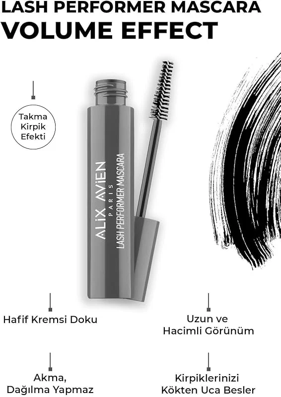 ALIX AVIEN Dolgun Kirpik Etkili Topaklanmayan Kıvrımlar, ekstra Hacimli Siyah Maskara - Lash Performer Mascara — Makyaj