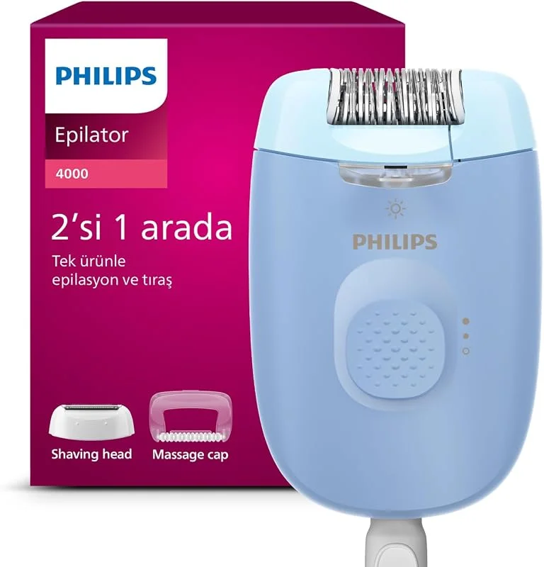 Philips Epilasyon Cihazı, Taşınabilir Kompakt Tasarım, LED Işıklı Yıkanabilir Başlık, Masaj ve Tıraş Başlığı, Peeling Eldiveni Hediyeli, 4 Haftaya Kadar Pürüzsüzlük, Açık Mavi Renk, BRE247, 05 — Cilt bakımı